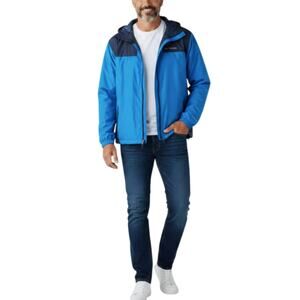 COLUMBIA Glennaker Lake Packable Hooded Rain Jacket Men XLT Blue/Black Everyday